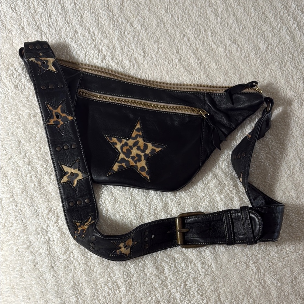 Gold Black lamb skin Leather Belt Bag with Leopard Star Design